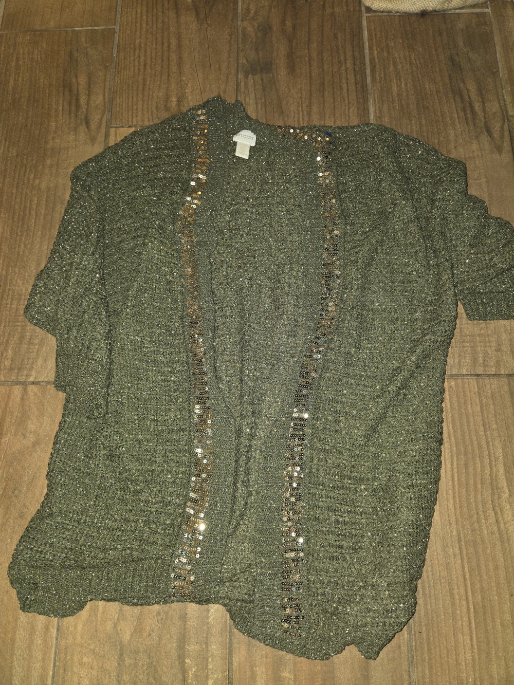 Chico's Olive Green Sequin-Trim Open Cardigan